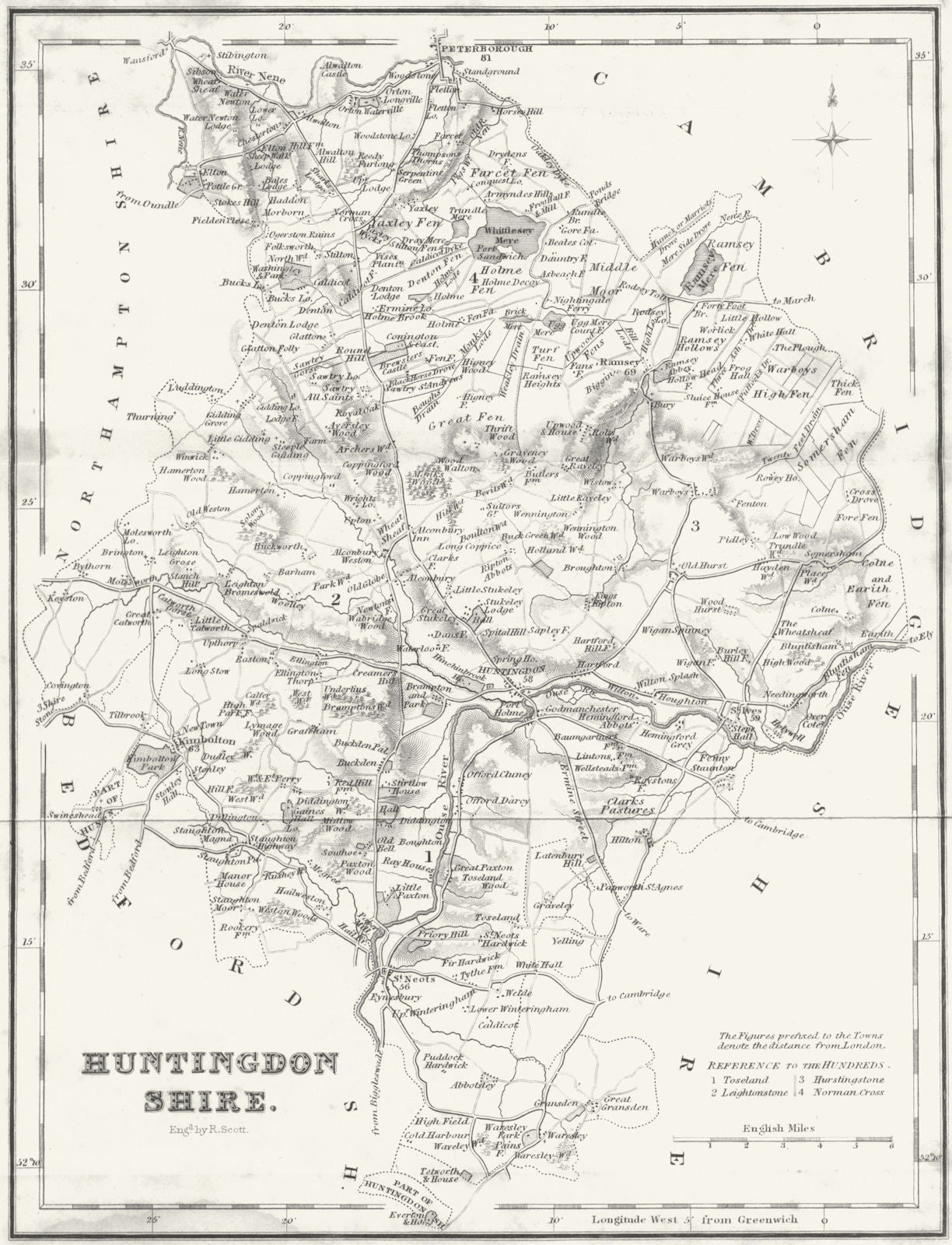 HUNTS. Huntingdonshire. Fullarton 1844 old antique vintage map plan chart
